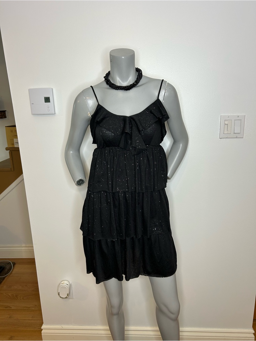 Beautiful Black Sparkle Tiered Ruffle Mini Dress with Spaghetti Straps❤️M